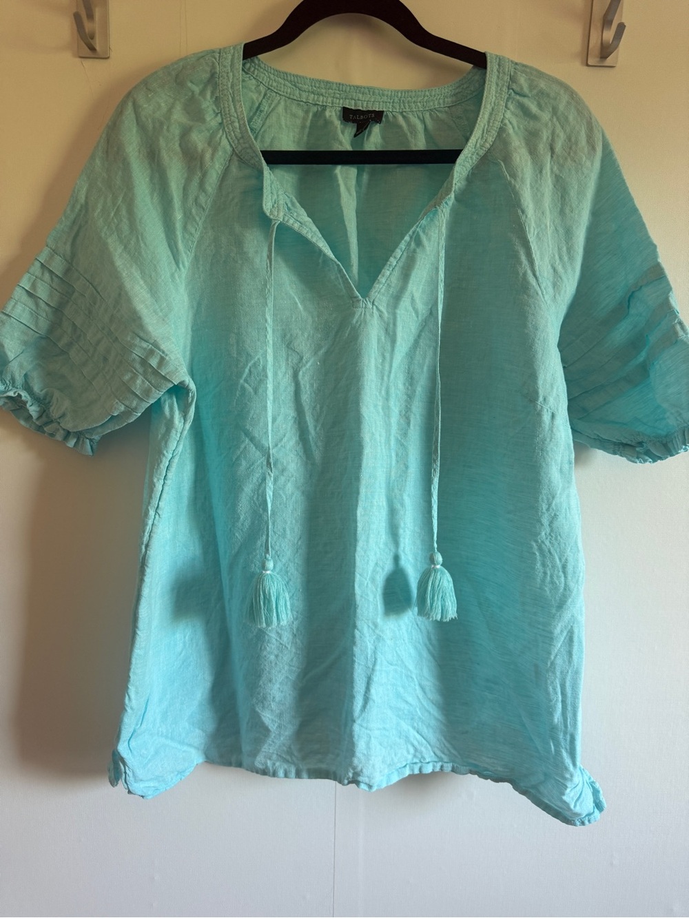 Talbots 100% Linen Aqua Tassel Blouse Women’s L Boho Coastal Top